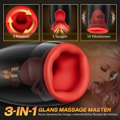 3-in-1 Glans Massage Master Trainer 3 Rotation, 5 Saugen, 10 Vibration Ultra Simulation Dynamic