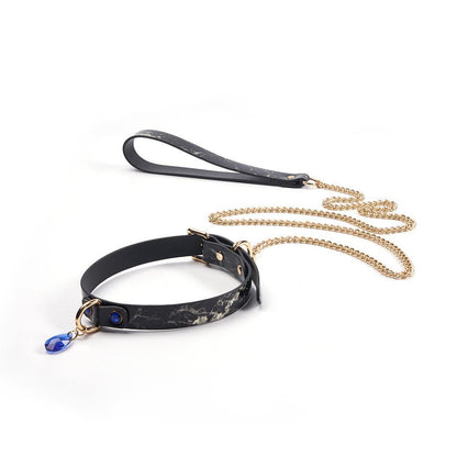 BDSM Leder Halsband Blaue und Weiße Edelsteine Metalltraktion necklace - ACMEJOY