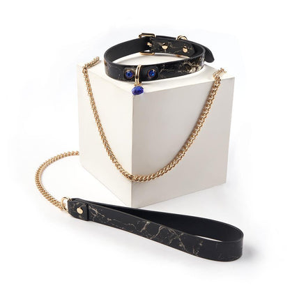 BDSM Leder Halsband Blaue und Weiße Edelsteine Metalltraktion necklace - ACMEJOY