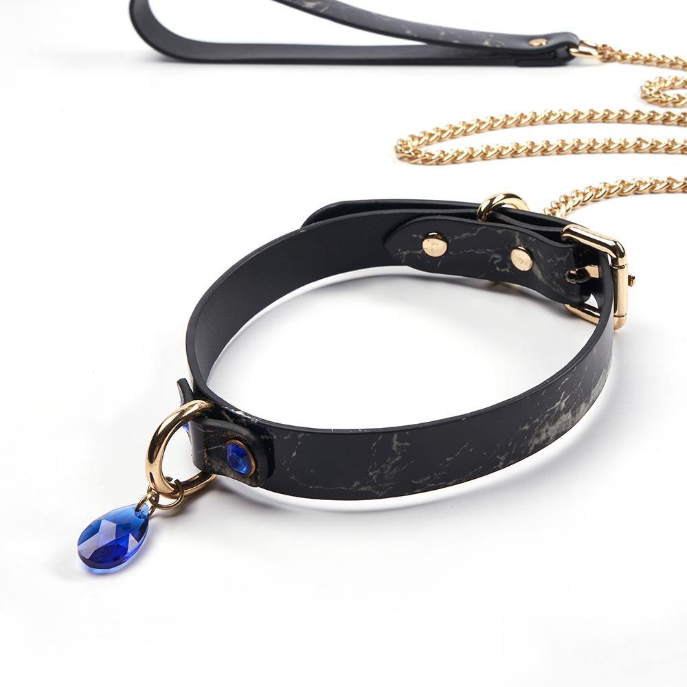 BDSM Leder Halsband Blaue und Weiße Edelsteine Metalltraktion necklace - ACMEJOY